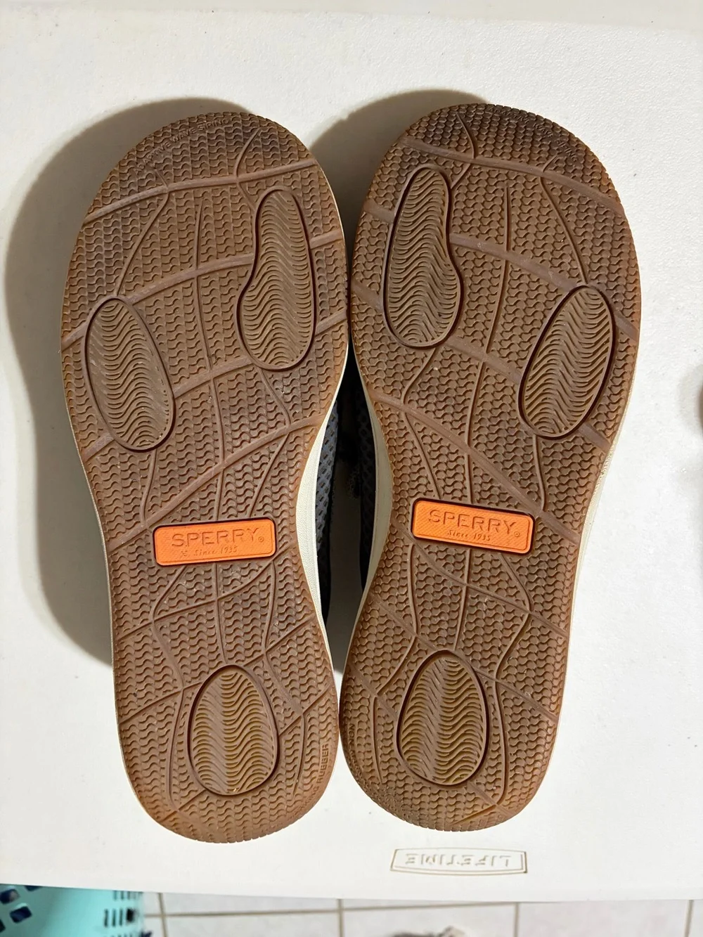 Sperry Navy Boat Shoes with Gray Braided Laces and Orange Insoles